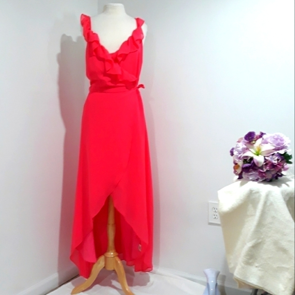New BB Dakota RSVP Hot Pink wrap rufle high low gown NWT dress size Large
